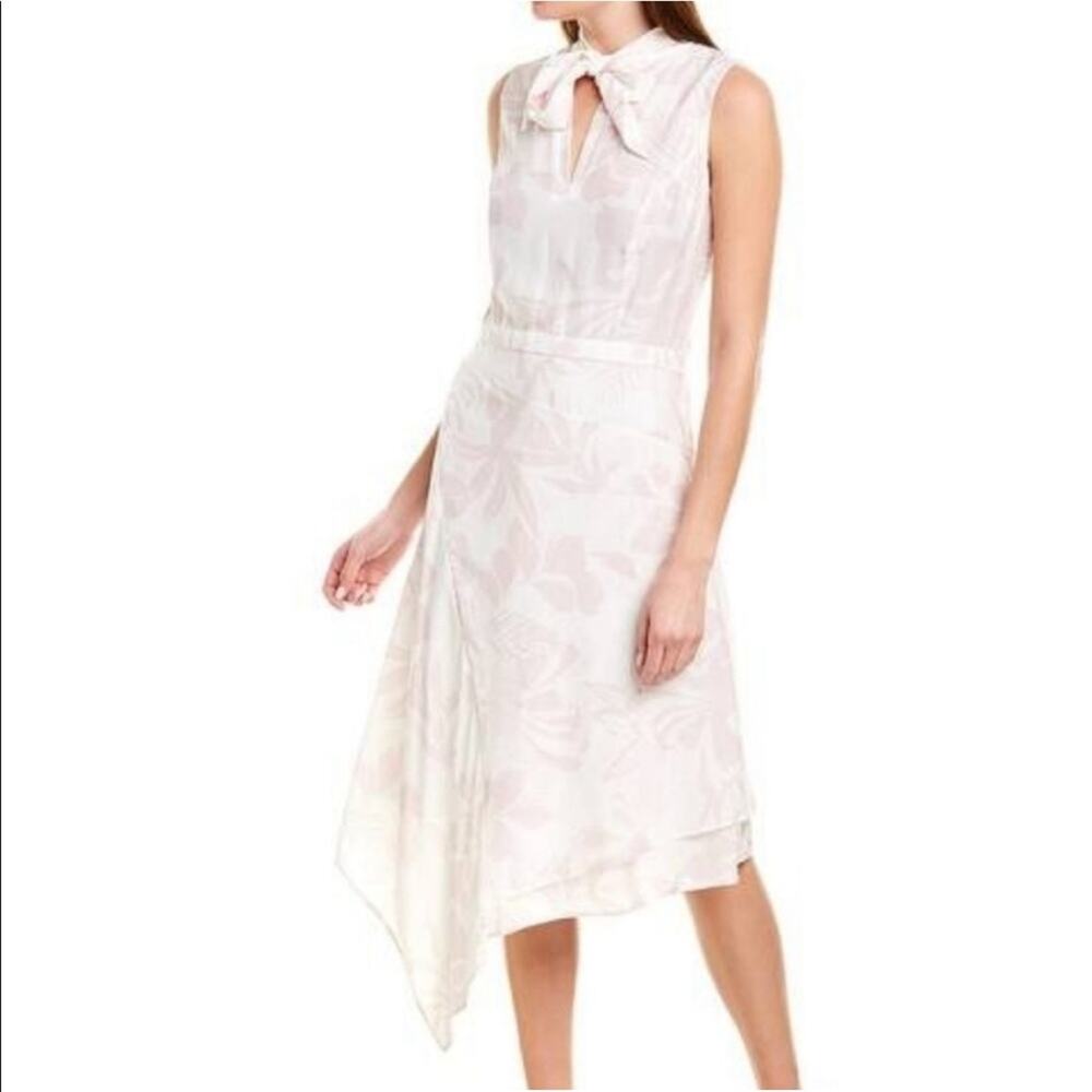 Max and Moi silk dress pink and white asymmetrical hem tie neck